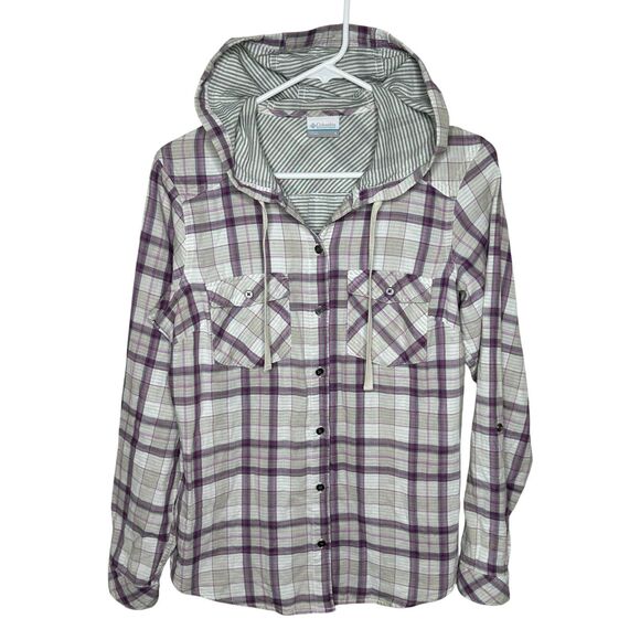 Columbia Women’s Plaid Button Down Hoodie Flannel Shirt Size Small - Picture 1 of 5